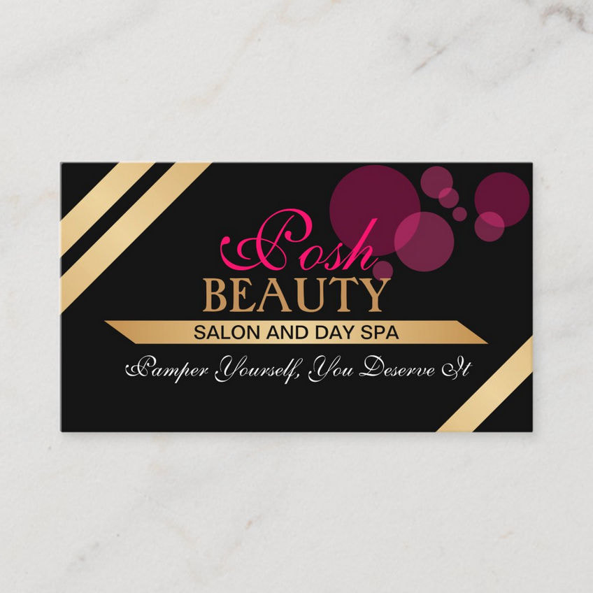 Elegant Black and Gold Beauty Salon With Dark Pink Bokeh Business Cards
