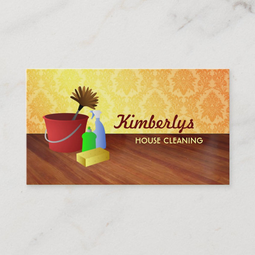Stylish Yellow Damask Wallpaper Cleaning Supplies Housekeeping Business Cards