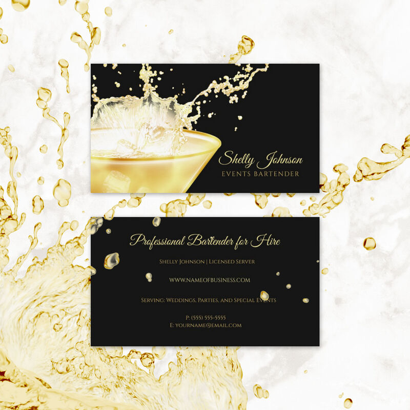 Elegant Gold Beverage Splash Events Bartender Business Cards