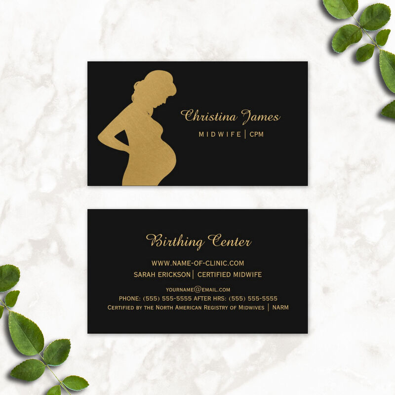Elegant Midwife Black and Faux Gold Pregnant Woman Business Cards