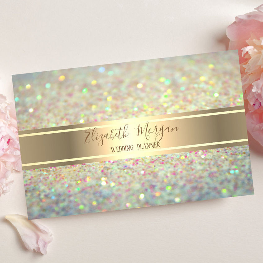 Elegant Opal Glitter Bokeh With Gold Stripe Business Cards