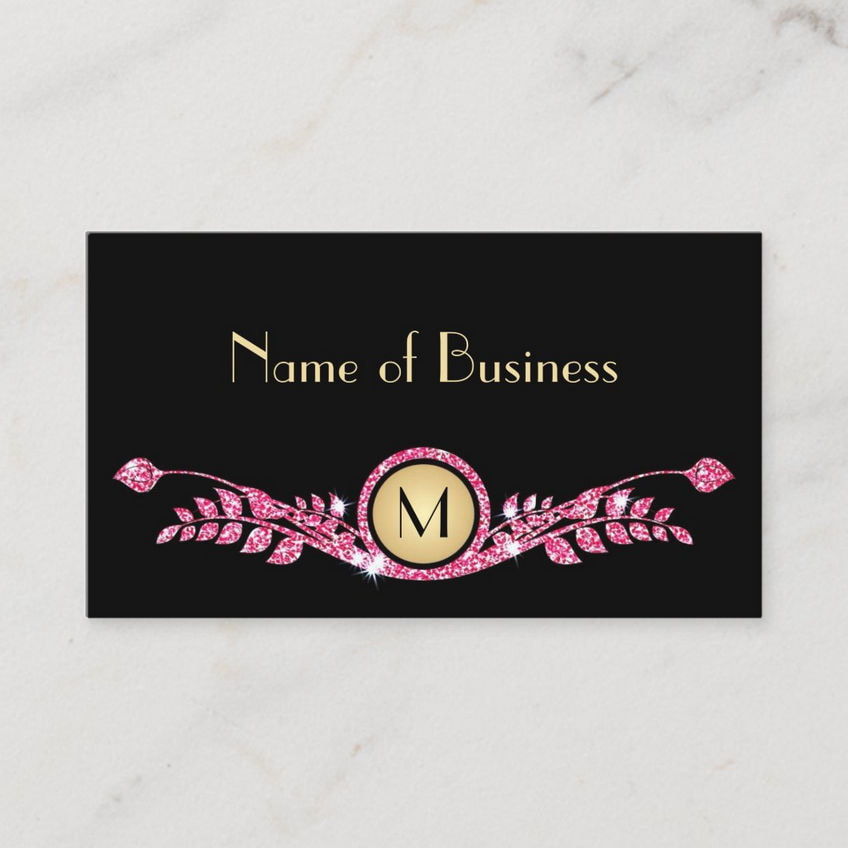 Elegant Pink and Black Glitter Floral Monogram Business Cards