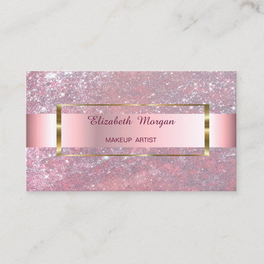 Sparkly Pink Glitter With Luxe Gold Border Frame Business Cards
