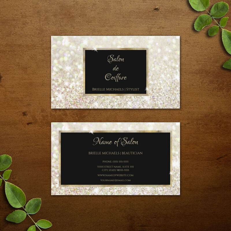 Elegant White Gold Glitter Black and Gold Salon Business Cards