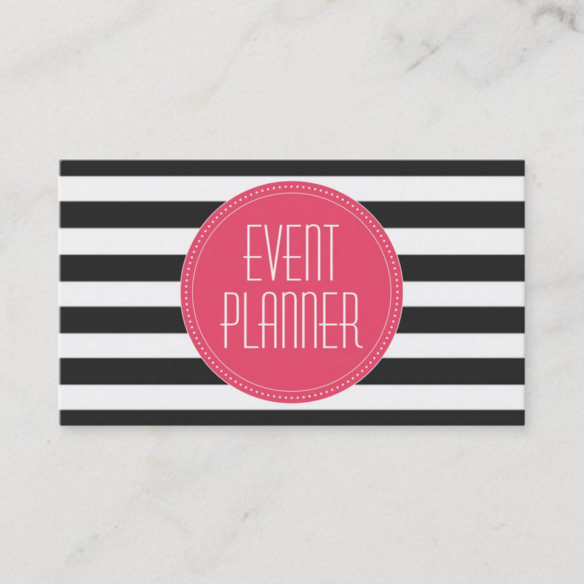 Event Planner Black and White Stripe Pink Circle Business Cards