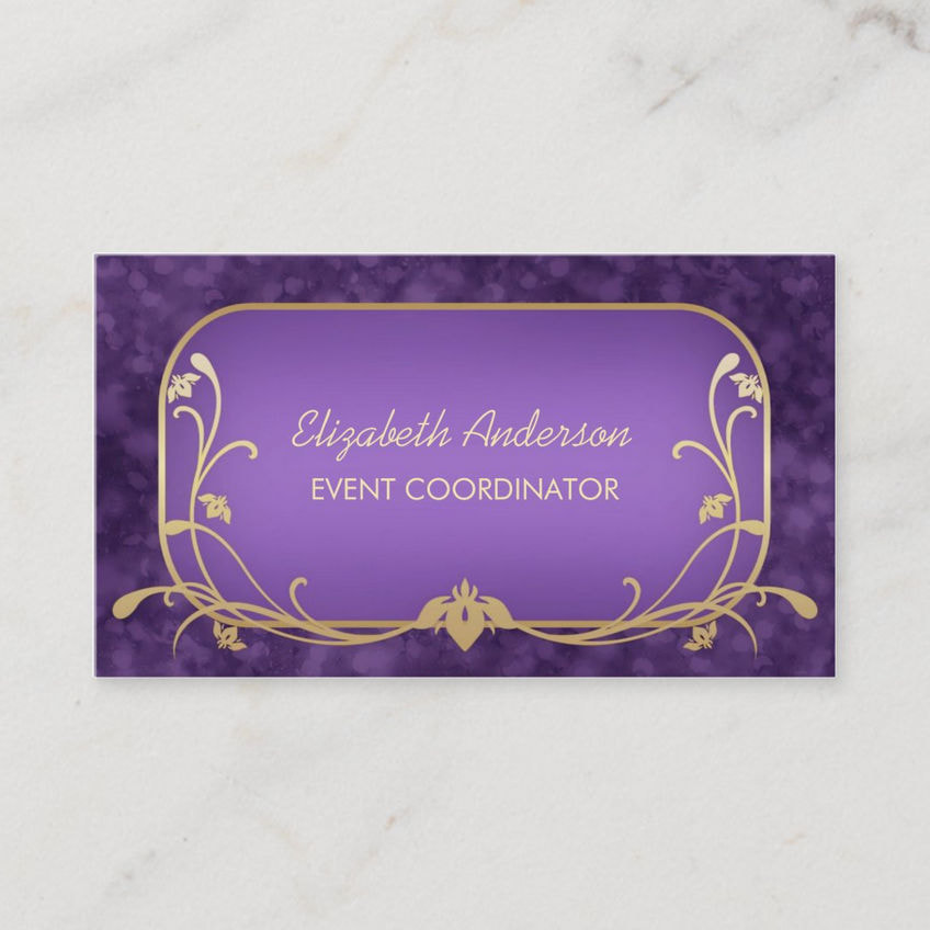 Event Planner Luxury Purple and Gold Floral Swirls Business Cards