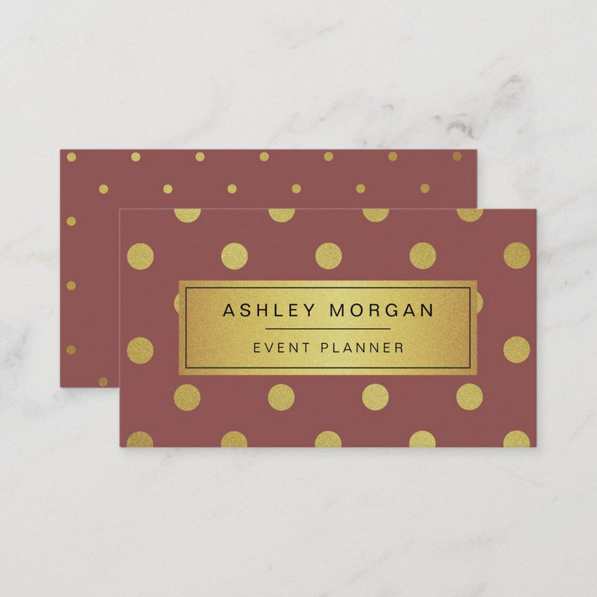 Girly Event Planner Trendy Marsala and Gold Glitter Dots Business Cards