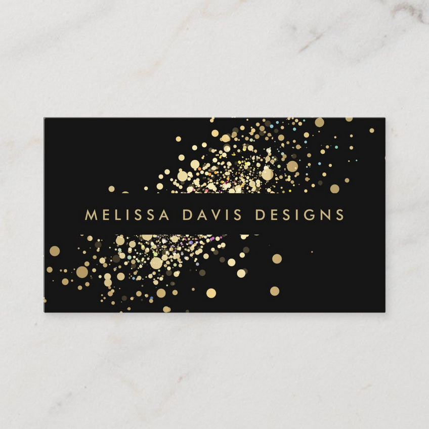 Glamorous Faux Gold Confetti On Elegant Modern Black Business Cards