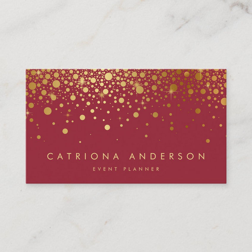 Glamorous Faux Gold Foil on Red Confetti Event Planner Business Cards