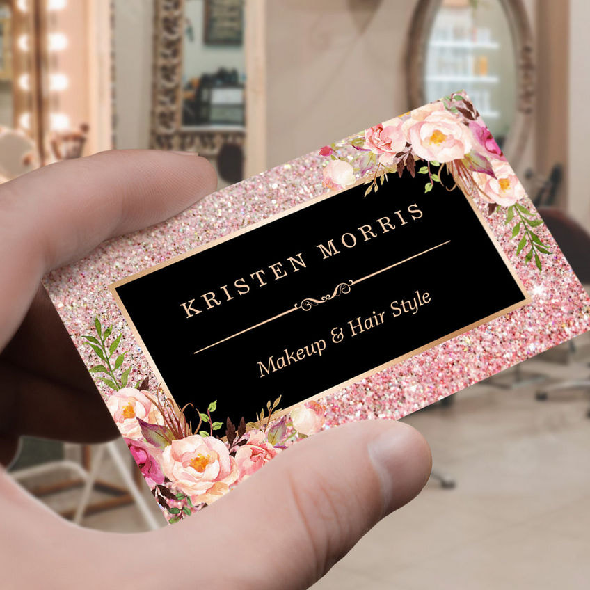 Floral Rose Gold Glitter Elegant Black Text and Filigree Line Business Cards