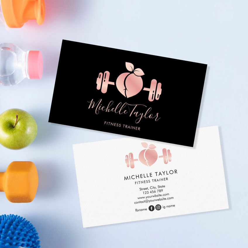 Girly Blush Rose Gold on Black Fitness Trainer Modern Business Cards