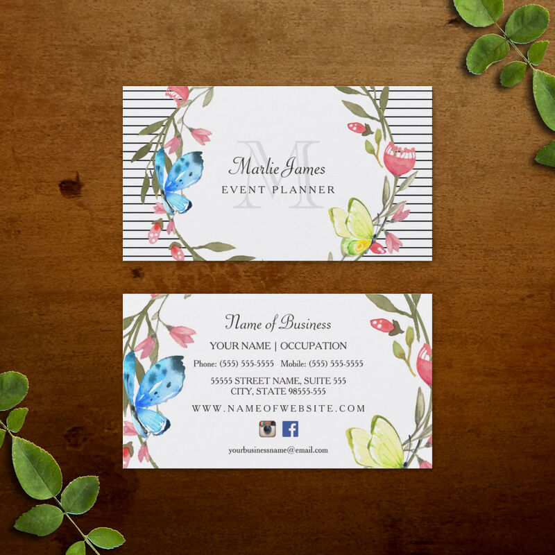 Girly Butterfly Floral and Stripes Event Planner Business Cards