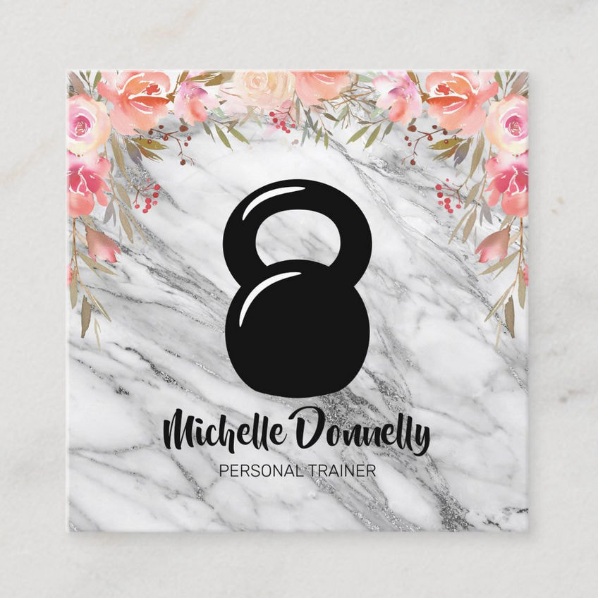 Girly Floral on Marble Personal Trainer Square Business Cards