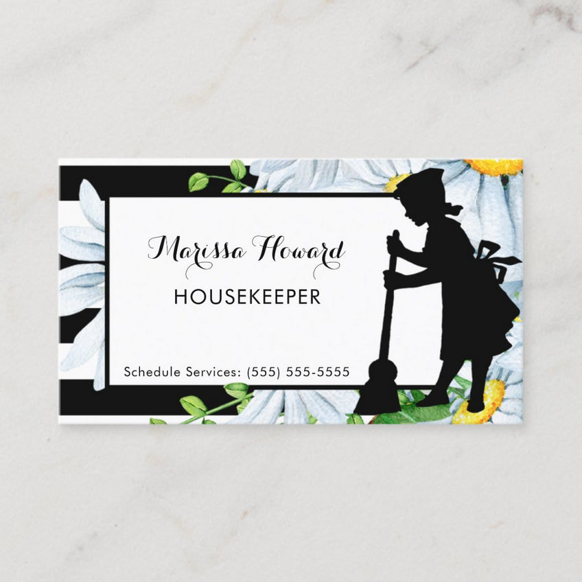 Girly Maid Stripes and Daisy Floral Housekeeper Business Cards