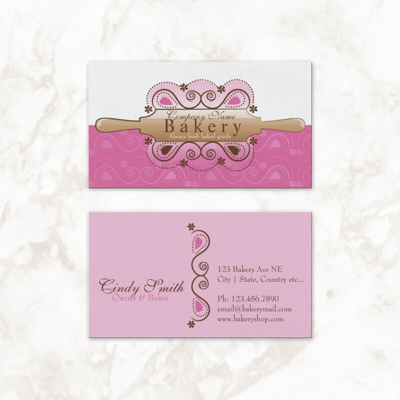 Girly Pink Swirls and Rolling Pin Bakery Template Business Cards