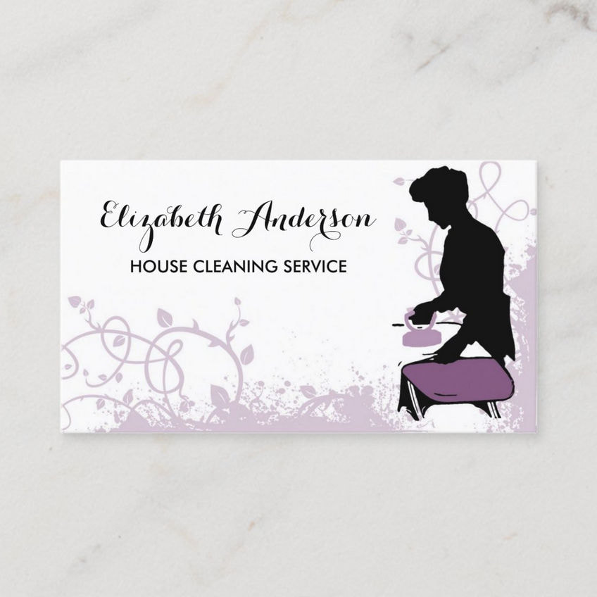 Girly Purple Vintage Maid Ironing Board Silhouette Housekeeping Business Cards