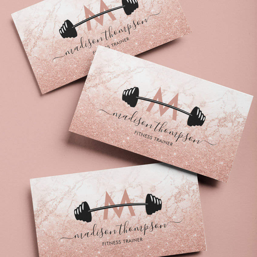 Girly Rose Gold Glitter Personal Trainer Weights Business  Cards