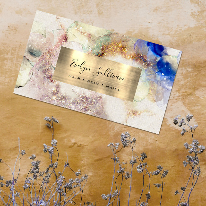 Glitter Watercolor Rose Gold and Blue With Gold Foil Design Business Cards