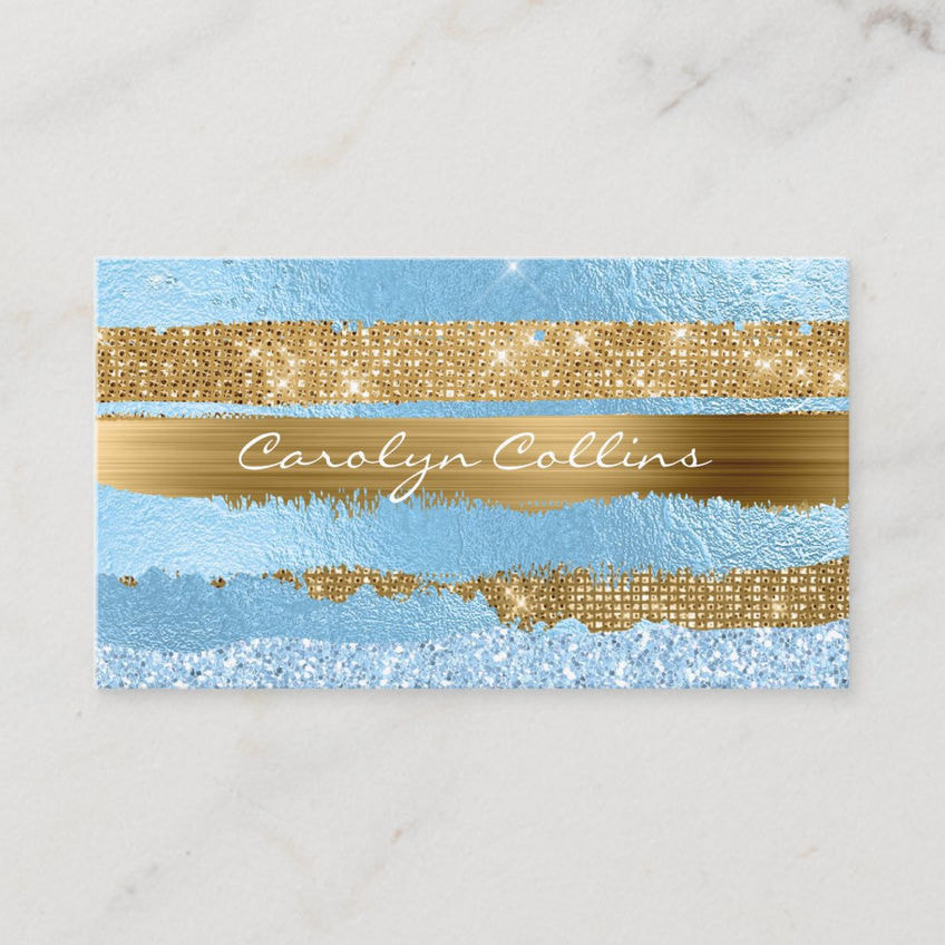 Glitzy Light Blue and Gold Glittery Foil Business Cards