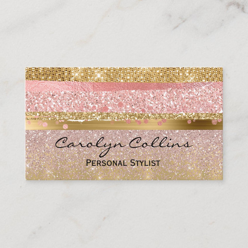 Glitzy Pink and Gold Glittery Foil Style Stripes Business Cards