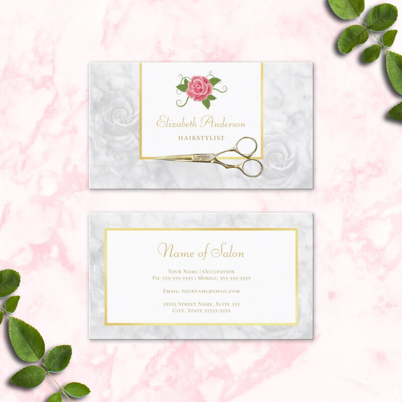 Elegant Marble Hairstylist Gold Shears and Rose Business Cards