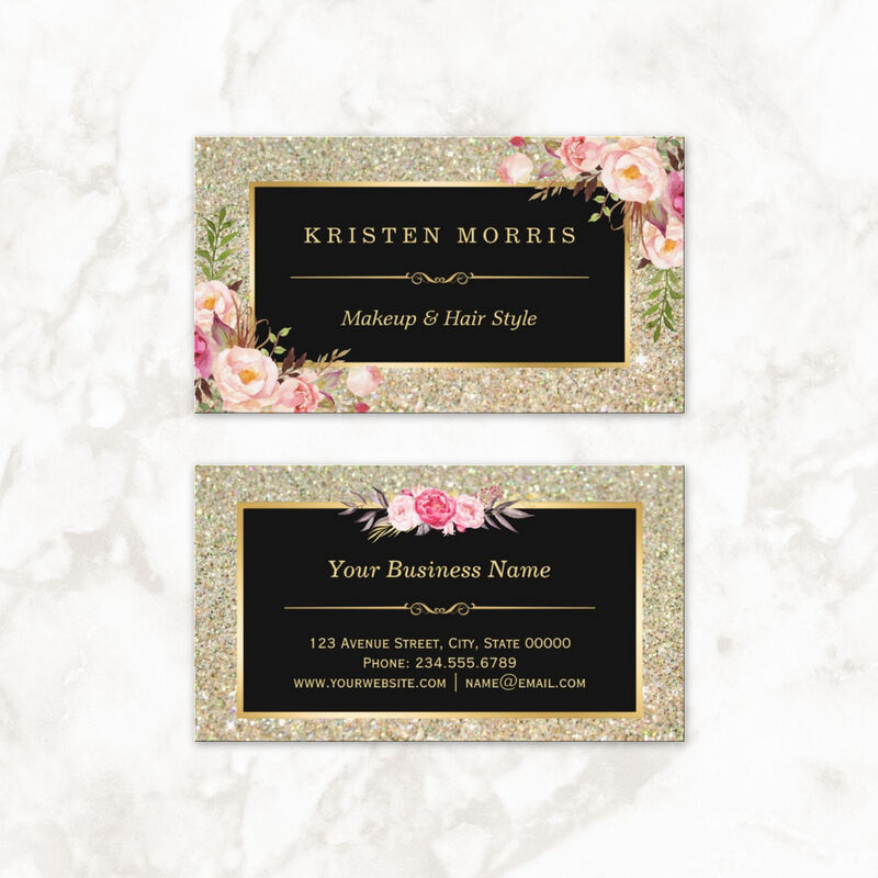 Gold Glitter Makeup Artist and Hair Style Floral Wrap Business Cards