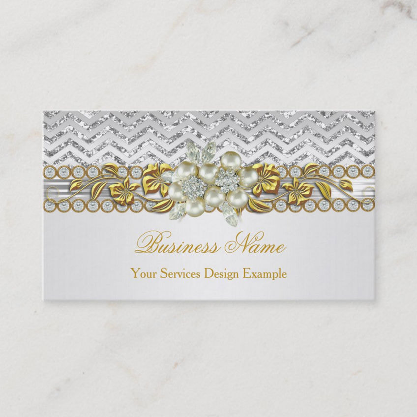 Gold Silver Chevron With White Diamond Pearl Floral Business Cards