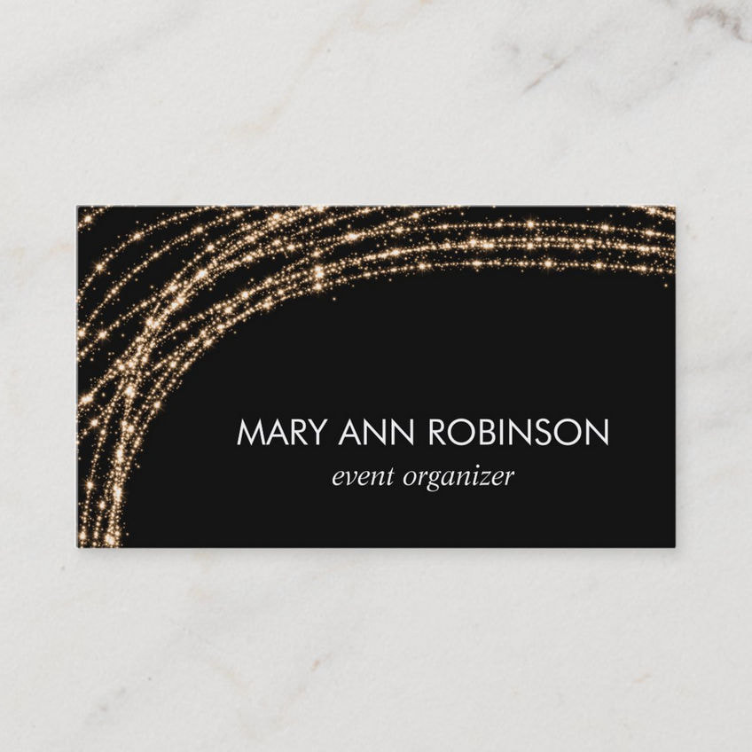 Gold Sparkle String of Lights on Black Background Business Cards