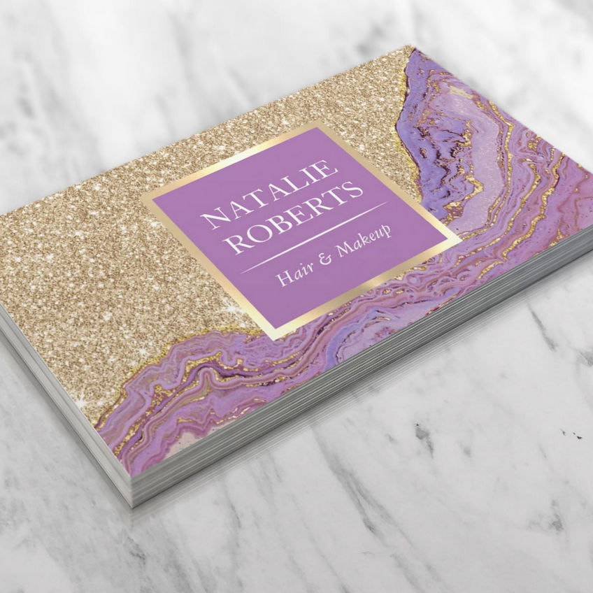 Hair Stylist Makeup Artist Trendy Gold and Purple Stone Business Cards