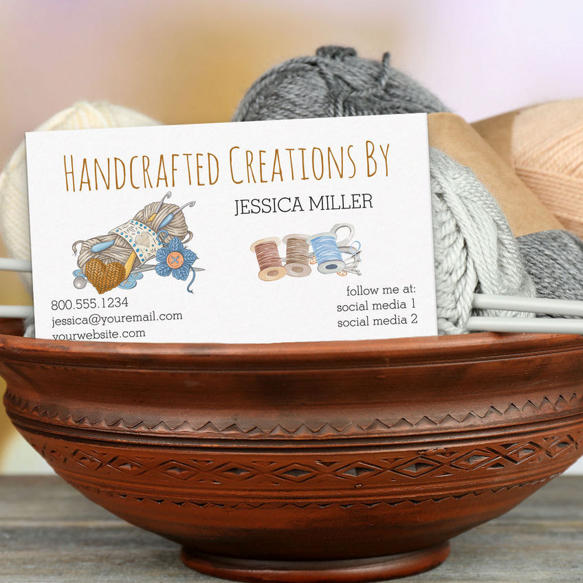 Handcrafted Creations Yarn Sewing Thread Spools on White  Business Cards