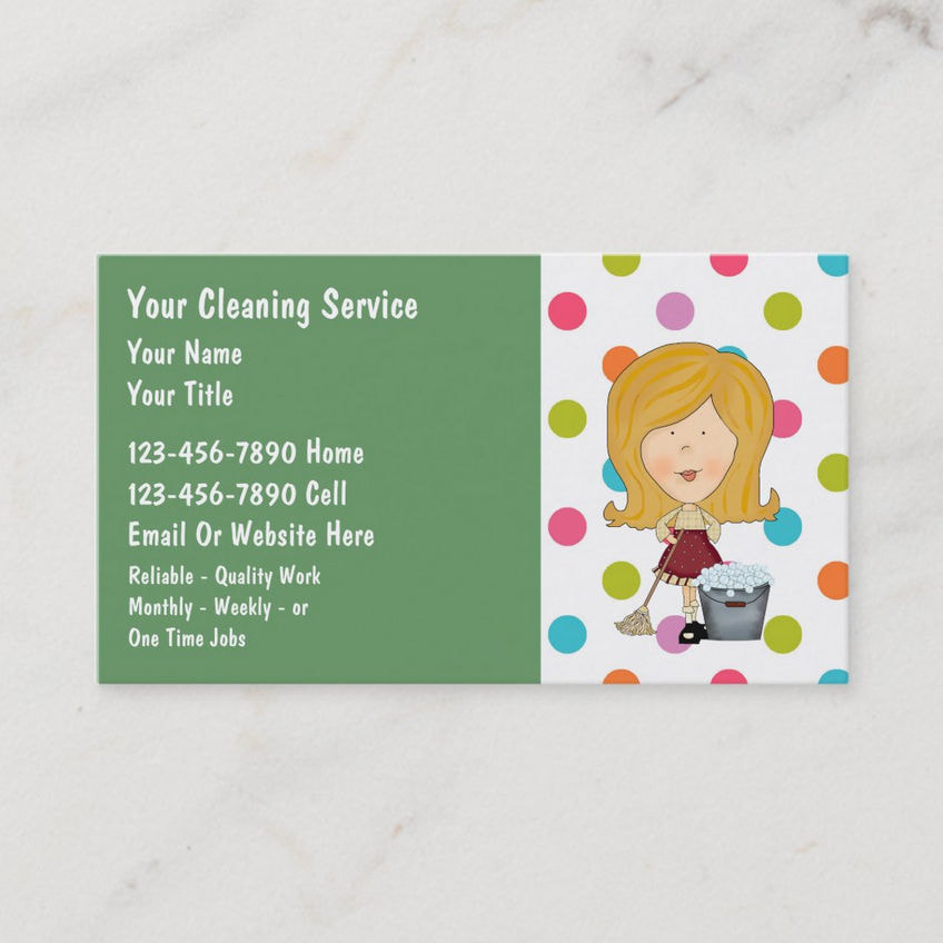 Cute Colorful Polka Dots Maid With Bucket House Cleaning Business Cards