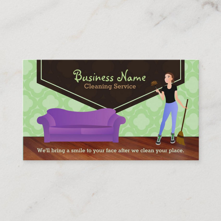 Modern Purple Couch Green Quatrefoil Wall House Cleaning Business Cards