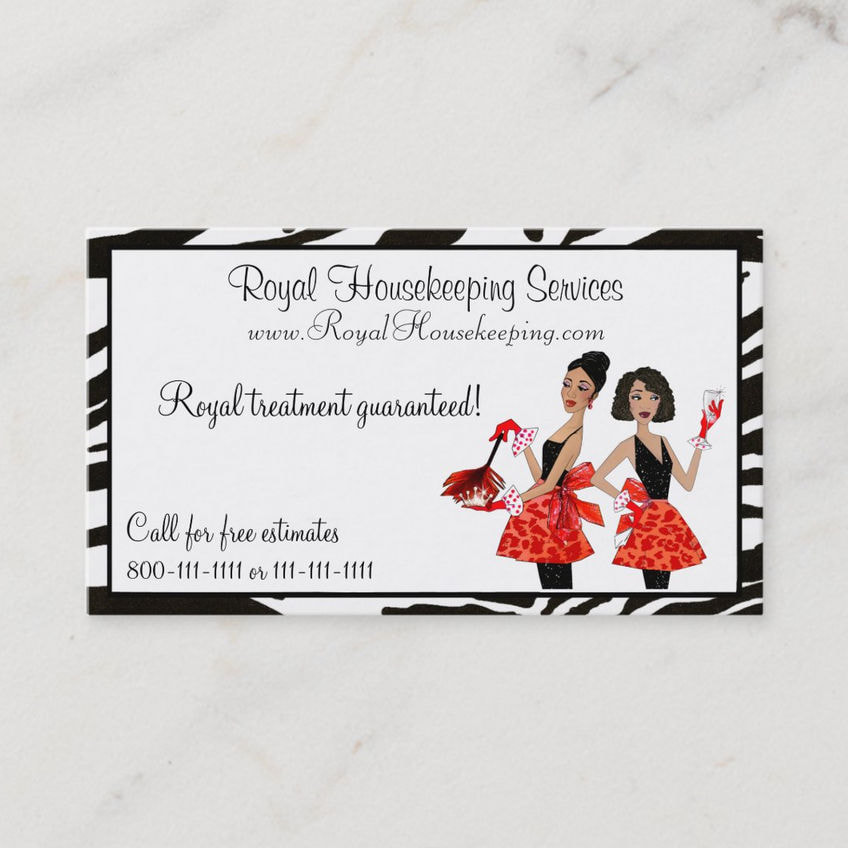 Zebra Print Red Aprons and Feather Duster House Cleaning Diva Business Cards