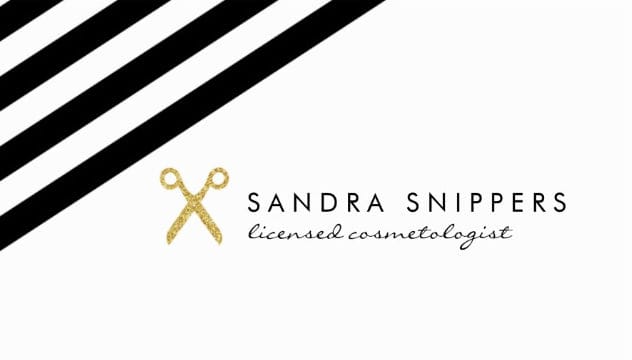 Modern Black and White Diagonal Stripes Gold Glitz Scissors Business Cards