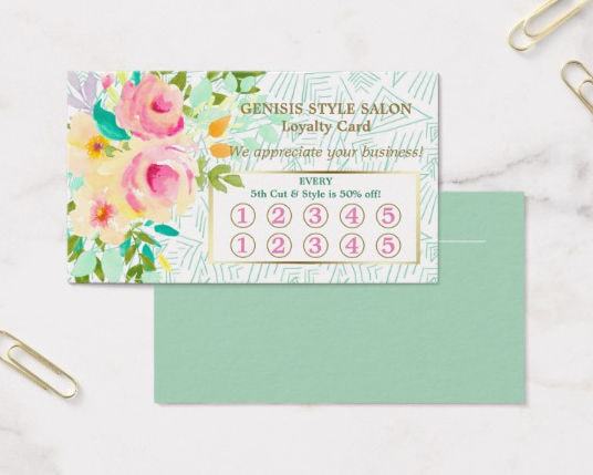 Mint Green Pink Floral Beauty Salon Loyalty Card