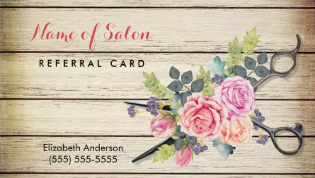 Charming Rustic Wood Hair Cutting Scissors and Pretty Roses Referral Cards
