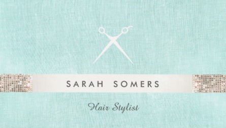 Modern Hairstylist Scissors Logo Sequin Pale Turquoise Business Cards