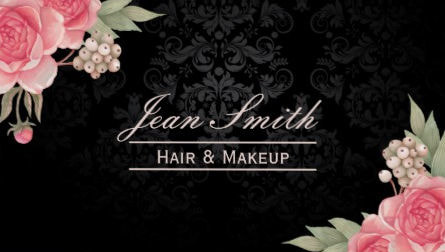 Elegant Pink and Black Floral Damask Hair and Makeup Salon Business Cards