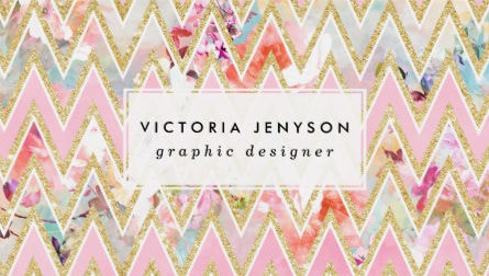 Pastel Watercolor Floral Pink and Gold Chevron Pattern Business Cards