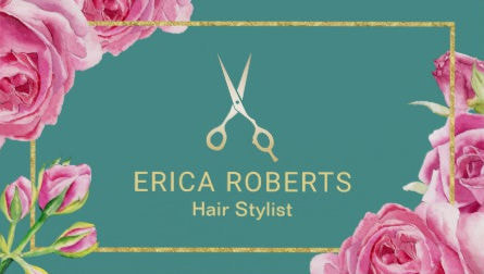 Elegant Teal Hair Stylist Floral Gold Hair Cutting Scissors Salon Business Cards