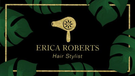 Hair Stylist Gold Dryer Logo Tropical Leaves Hair Salon Business Cards