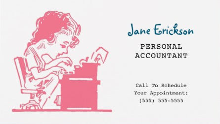 Cute Pink Retro Caricature Woman Accountant Business Cards