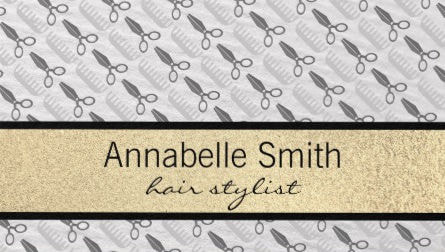 Professional Gray and Gold Comb and Shears Pattern Hair Stylist Business Cards