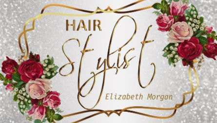 Hair Stylist in a White Glitter and Elegant Pink Rose Floral Business Cards
