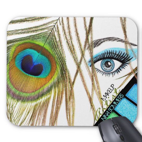 Trendy Turquoise Blue and Gold Peacock Feather Eye For Makeup Artist Mouse Pad