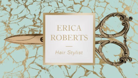 Hair Stylist Antique Scissor Soft Mint and Gold Marble Business Cards