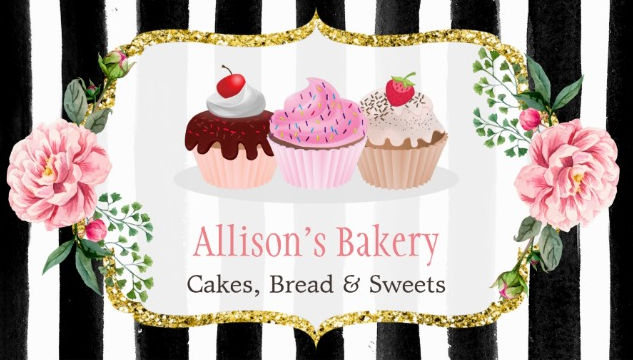 Sweet Bakery Cupcakes Gold and Pink Floral Vertical Striped Business Cards
