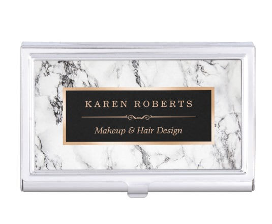 Vintage Floral Black White  Stripes Beauty Salon Gold Frame Business Card Holder