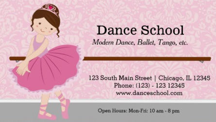 Cute Pink Princess Tiara Dancing Ballerina Dance School Business Cards