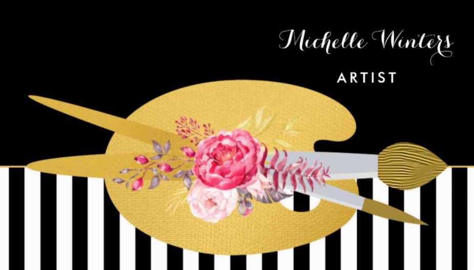 Floral Black and White Stripes Artist With Faux Gold Paint Brush Business Cards